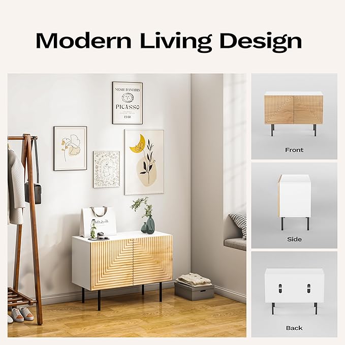 roomfitters Boho Sidboard Buffet Cabinet, Mid Century Accent Cabinet with Doors, Poplar Wood Print Carved and Geometric Design, Media Console for Living Room