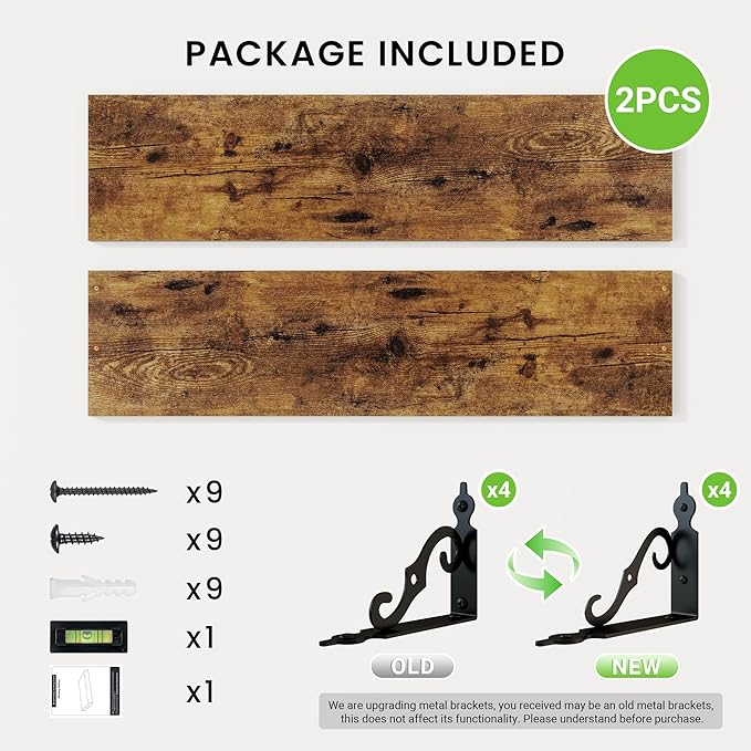 RICHFOCUS Floating Shelves for Wall Decor, 31.5W x 8D Shelves Set of 2, 8" Deep Rustic Wood Floating Shelves Wall Mounted with Brackets, Shelves for Living Room Bedroom Kitchen, Rustic Brown