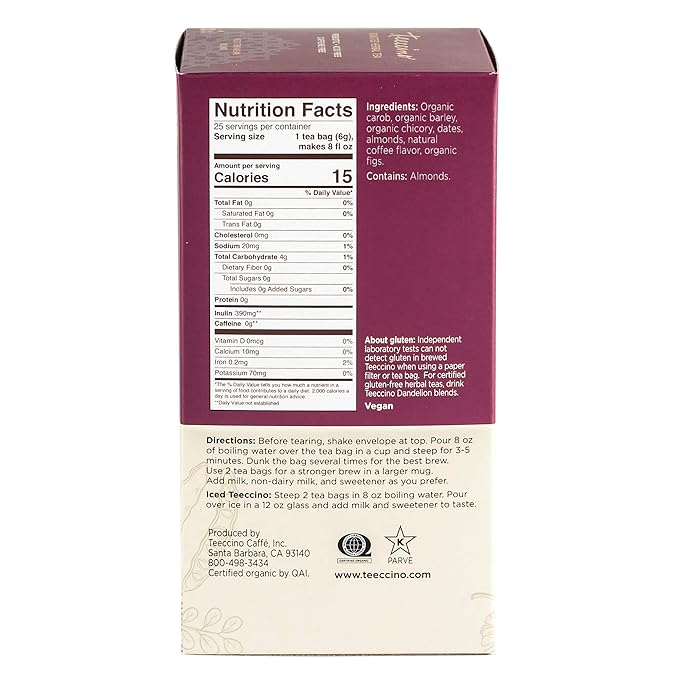 Teeccino Java Herbal Tea - Rich & Roasted Herbal Tea That’s Caffeine Free & Prebiotic for Natural Energy, 25 Tea Bags (Pack of 3)