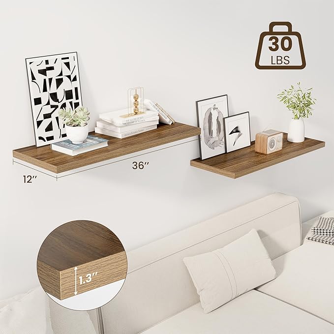 Dreamland 36" Floating Shelves for Wall, 12" Deep Slim Walnut Floating Shelves, Wall-Mounted Shelves for Bedroom, Living Room, Kitchen, Bathroom - Set of 2