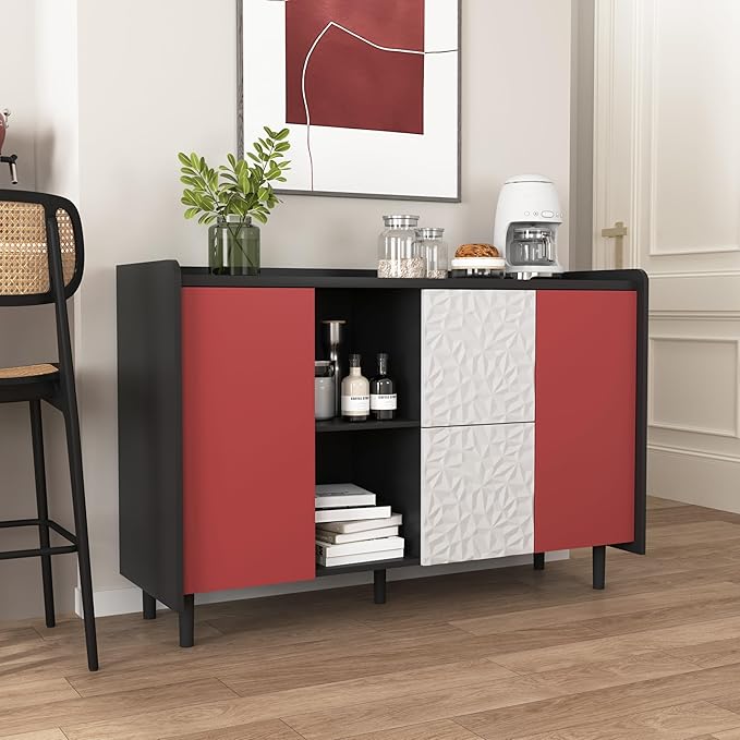 47" Buffet Cabinet with Storage, Modern Coffee Bar, Kitchen Cabinet with 2 Push-to-Open Drawers and 2 Red Doors for Dining Room, Living Room