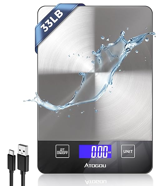 Atogou Food Scale, 33lb Rechargeable Kitchen Scale with Full-View Backlit LCD Display, Waterproof Stainless Steel Surface, Type-C Charging, Grams and Ounces for Baking, Cooking, Food Grey