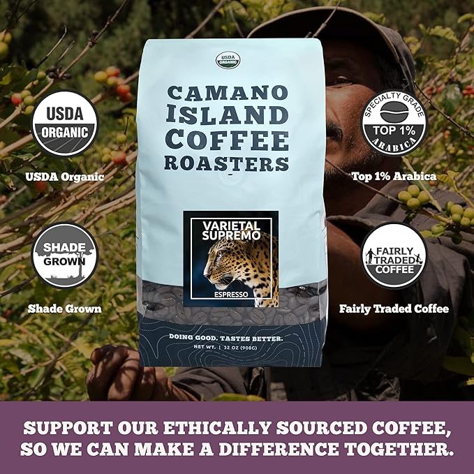 Camano Island Coffee Roasters Varietal Supremo Espresso Blend, Ground 2lb, Fresh Dark Roast, USDA Organic, Fairly Traded, Shade Grown Arabica, Chocolate, Caramel, Hint of Spice Flavor Profile