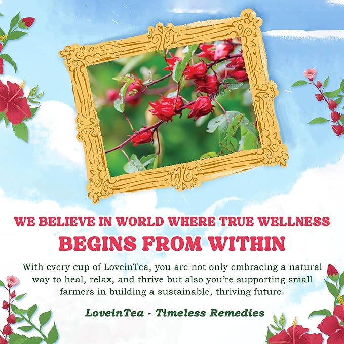 LoveinTea Hibiscus Herbal Tea Bags, 100% Natural Vietnamese Hibiscus Blend, Caffeine-Free, Plant-Based Pyramid Bags, 30 Count