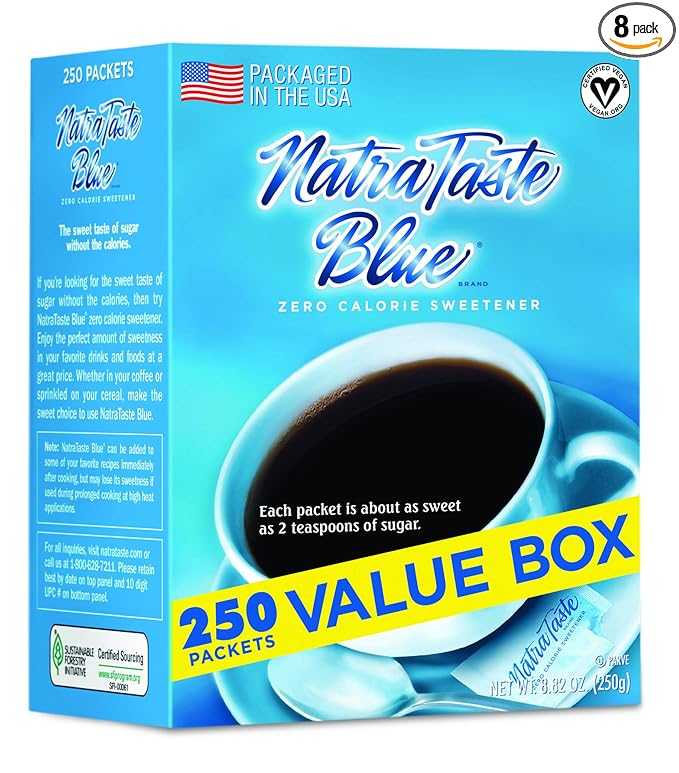 NatraTaste Blue Zero Calorie Sweetener, Bulk Sugar Substitute for Coffee, Iced Tea, Lemonade, Hot & Cold Drinks, Baking, Cooking, Low Carb, Vegan, Sugar Alternative, 250 Packets Value Box (8 pack)