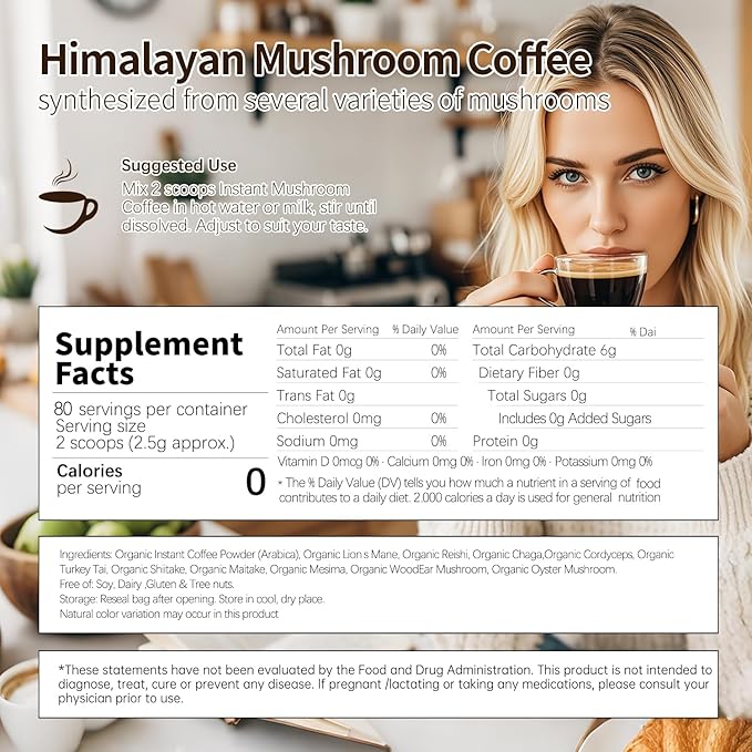 Organic 10-in-1 Mushroom Coffee Powder with Lion’s Mane & Reishi, Instant Arabica Blend for Smooth Energy, Focus & Immune Support, Low-Acid, 80 Servings