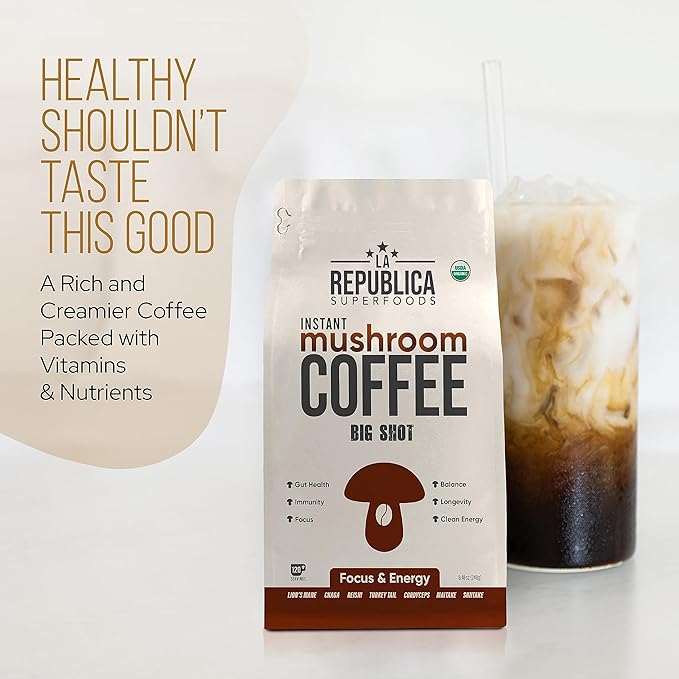La Republica Big Shot Instant Mushroom Coffee Organic (120 Servings) with Lion's Mane, Reishi, Chaga, Cordyceps, Maitake, Turkey Tail
