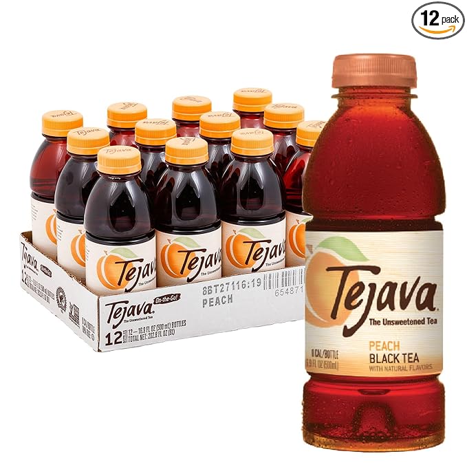 Tejava Unsweetened Peach Iced Tea, 16.9 Ounce PET Bottles, Natural, Non-GMO-Verified, Rainforest Alliance-Certified (12 Pack)