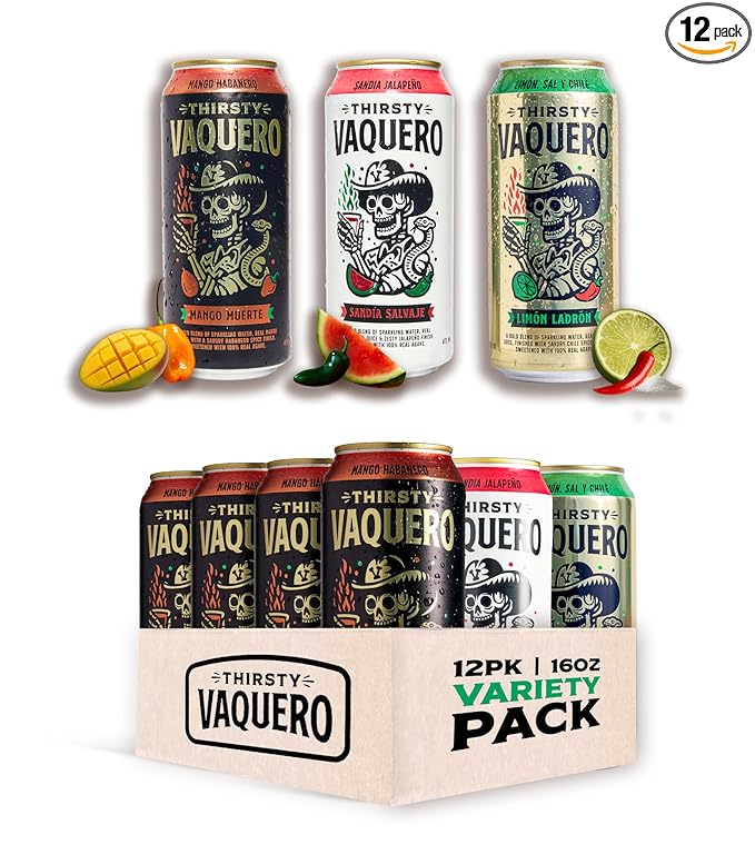 Thirsty Vaquero, Mexican-inspired soda, Real Fruit Juice & Savory Spices, Made with Organic Agave, Low Calorie, Natural Juice, 3 Bold Flavors: Lime, Salt & Chile | Watermelon Jalapeno | Mango Habanero (12-Pack | 16Oz Cans, Variety Pack)
