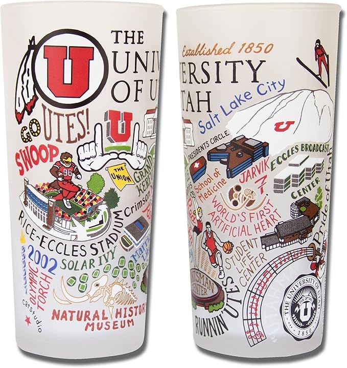 Catstudio Drinking Glass, University of Utah Glass Cup for Kitchen, 15oz Dishwasher Safe Tumbler for UU Alumni
