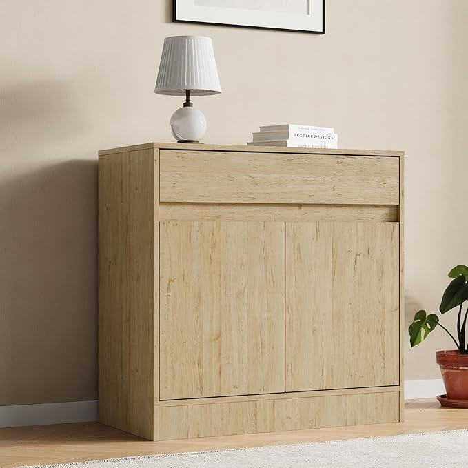 Buffet Cabinet with 2 Doors and Drawer, Coffee Bar Cabinet with Adjustable Shelf, Modern Kitchen Buffet Sideboard for Living Room, Kitchen, Natural