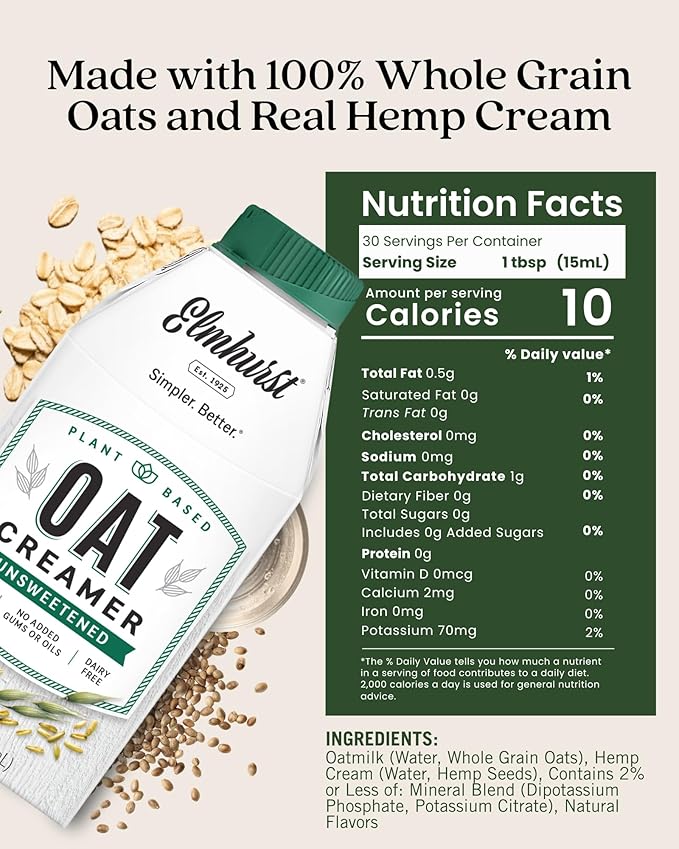 Elmhurst 1925 Unsweetened Oat Creamer - 16 Ounce (Pack of 6) Dairy-Free, Vegan, Kosher, No Sugar, Shelf Stable Creamer Made with Whole Grain Oats for Healthier, Simpler Plant Based Alternatives