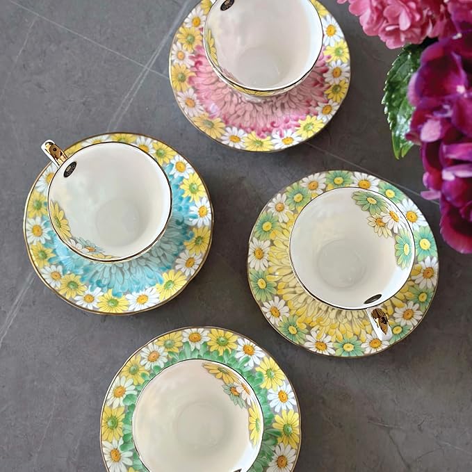 Aynsley Daisy Corset Fine Bone China Teacup and Saucer Set - 5.07oz Hand-Painted Gold-Trimmed Corset-Shape Set, Fancy Gift for Birthdays/Mother’s Day/Tea Lovers(Green)