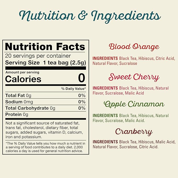 Southern Breeze Cold Brew Sweet Tea Variety Pack Iced Tea with Black Tea and Zero Carbs Zero Sugar, 20 Individually Wrapped Tea Bags, Pack of 4, Sweet Cherry, Blood Orange, Cranberry & Apple Cinnamon