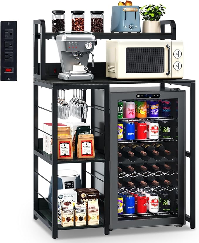 TC-HOMENY Mini Fridge Stand with Storage, 4-Tier Coffee Bar with Mini Fridge Space, Bakers Rack with Outlet, Mini Fridge and Microwave Stand, Mini fridge shelf for Kitchen, Dorm, Office, Black