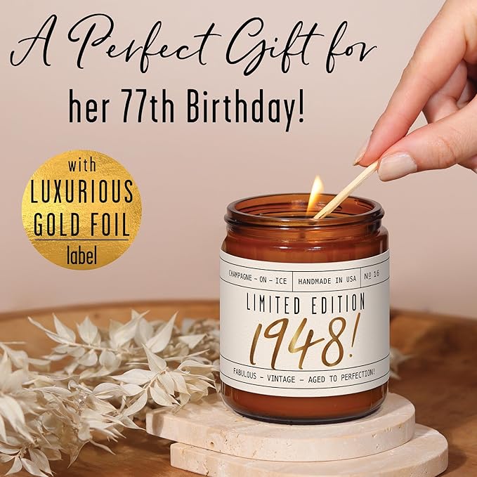 77th Birthday Gifts for Women - 'Limited Edition 1948' Soy Candle, w/Champagne on Ice I 77 Birthday Gifts for Women I 77th Birthday Gift for Her Ideas I 9oz Reusable Jar, 50Hr Burn, Made in USA