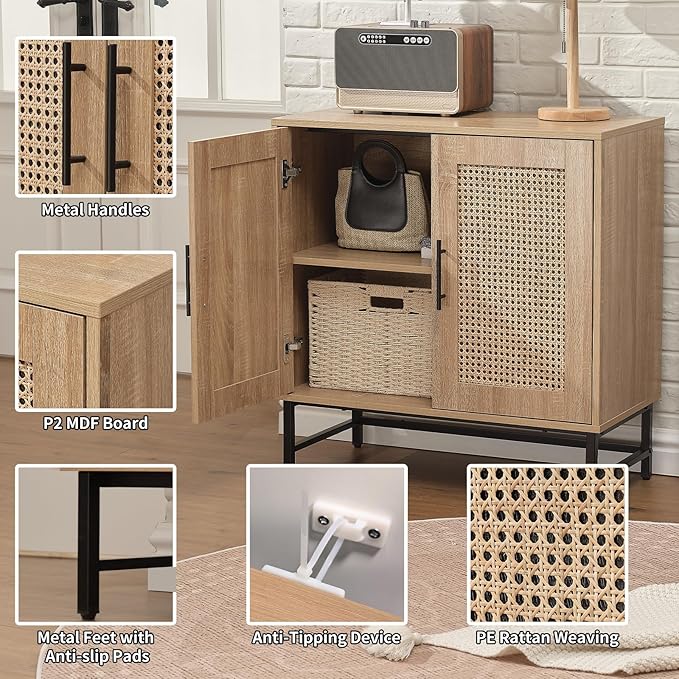 Storage Cabinet with PE Rattan Door, Sideboard Buffet Kitchen Cabinet, Modern Stylish Accent Furniture for Dining Room, Bedroom, Hallway, Living Room, Coffee Bar, Corner, Natural