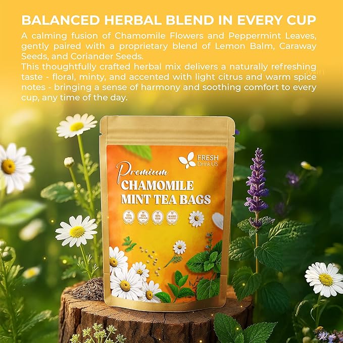 FreshDrinkUS, Chamomile Mint Tea Bags | 75 Count | Refreshing Herbal Blend of Chamomile Flower, Peppermint, Lemon Balm & other herbs – Smooth Floral & Minty Flavor – Premium Quality, Caffeine-Free