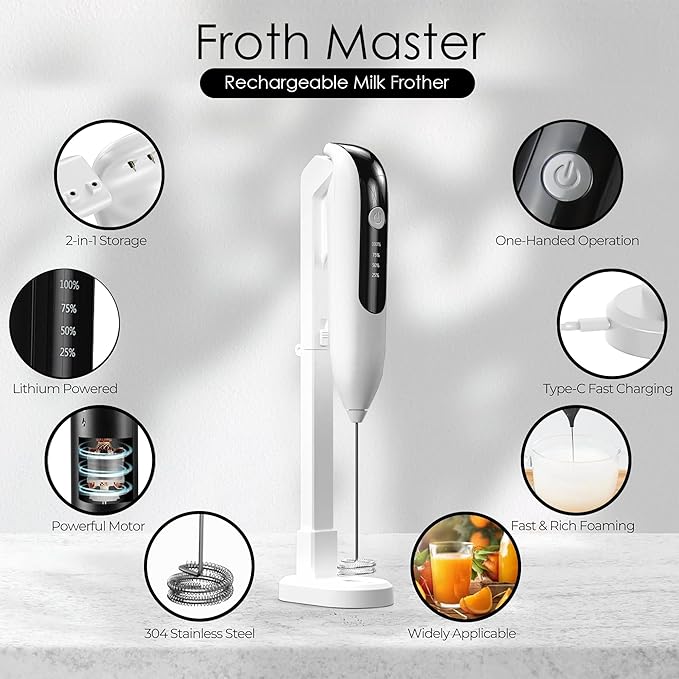 GOCHA | Electric Milk Frother Handheld - Rechargeable Coffee Frother with USB-C & 2 Speeds - Powerful RPM Latte Foam Maker for Cappuccino, Matcha, Hot Chocolate - Includes Stand & Whisk (White)