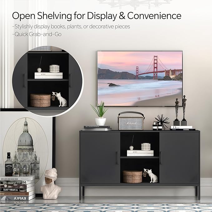 Metal TV Cabinet with Doors and Shelves Modern Metal Storage Cabinet Coffee Bar TV Stand 2 Door Locker for Office Living Room Kitchen (Black, 47.24" D x 13.78" W x 29.53" H)