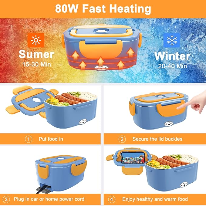 Heated Lunch Boxes for Adults, 80W Electric Lunch Box Food Heated 12/24/110V 1.5L Heatable Lunch Box for Car/Truck Leak-Proof Removable Stainless Steel Container, Fork & Spoon, Bag