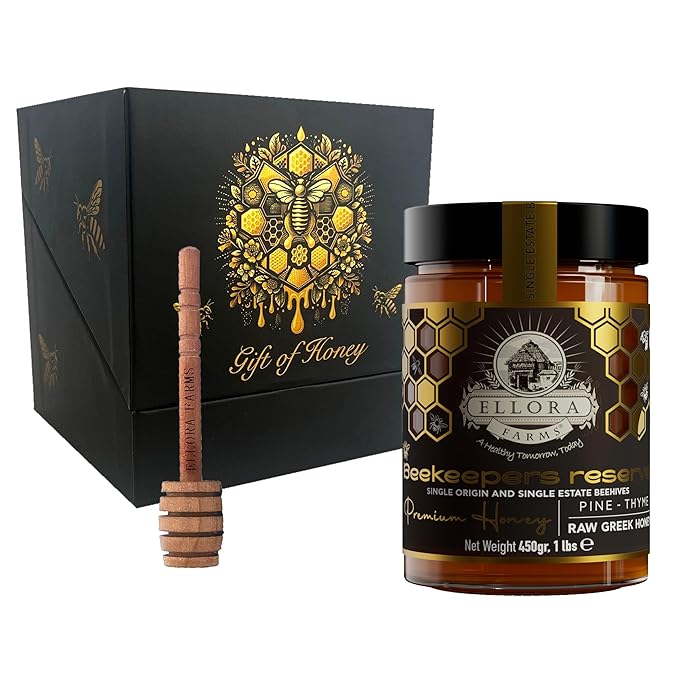 Ellora Farms Greek Honey Single Estate PDO, Pine & Thyme Honey Unfiltered, Beautiful Gift Pack with Dipper, Beekeepers Reserve, Raw & Unfiltered, Gluten Free - 450g (16oz)