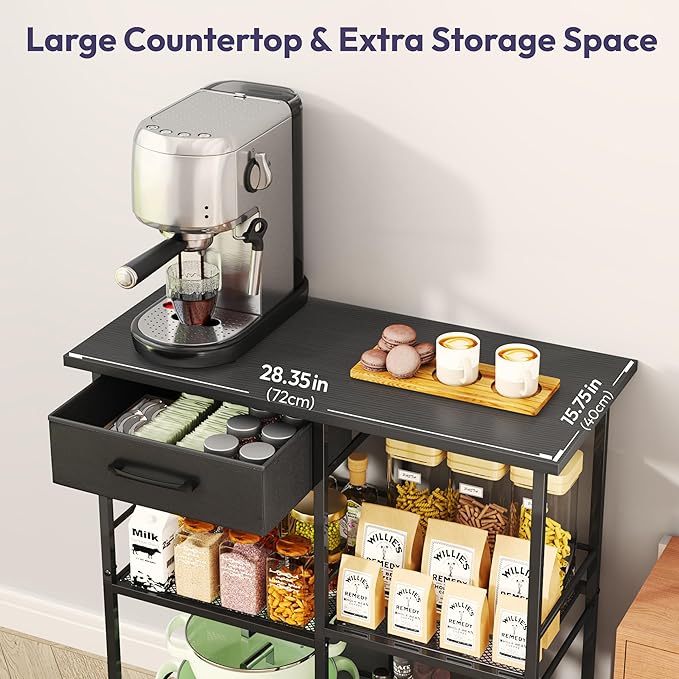 SWTYMIKI Bakers Rack with Storage - Coffee Bar Cabinet Organizer, Coffee Station for Kitchen Dining Room, Microwave Stand with Adjustable Feet, Black