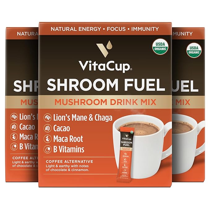 VitaCup Shroom Fuel, Mushroom Based Instant Coffee Alternative Packets, Mushroom Coffee Substitute w/Cacao, Cinnamon, Chaga, Lions Mane, & Maca for Energy, Immune Support, & Focus, 72 ct