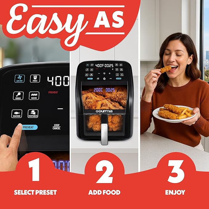 Gourmia Air Fryer 7 QT - Easy View Panoramic Window & Interior Light, Guided Cooking with 12 One-Touch Presets, FryForce 360, Dishwasher Safe Accessories, Black