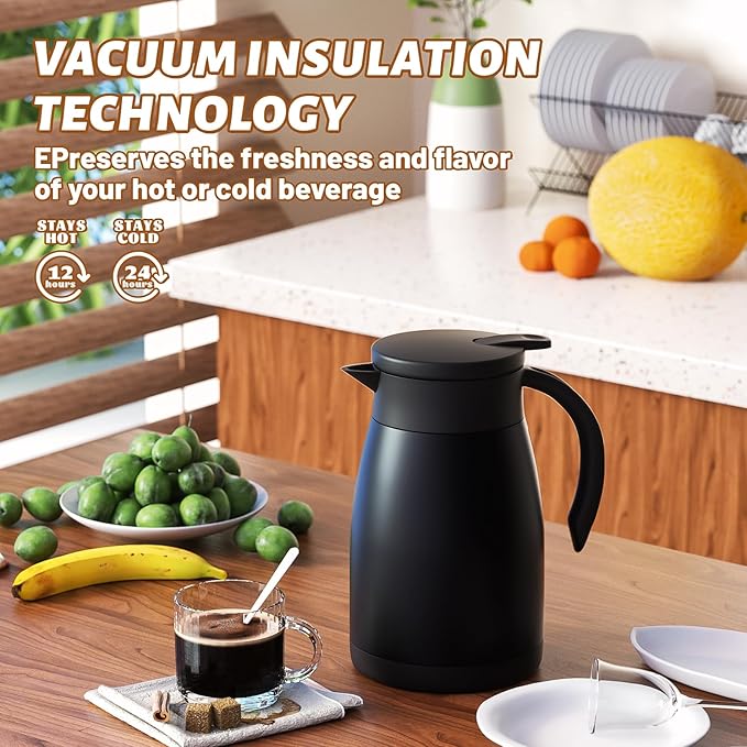 27 Oz Thermal Carafe with Ceramic Liner, 750 ml Insulated Stainless Steel Small Carafe for Keeping Coffee, Tea and Water Hot, Black