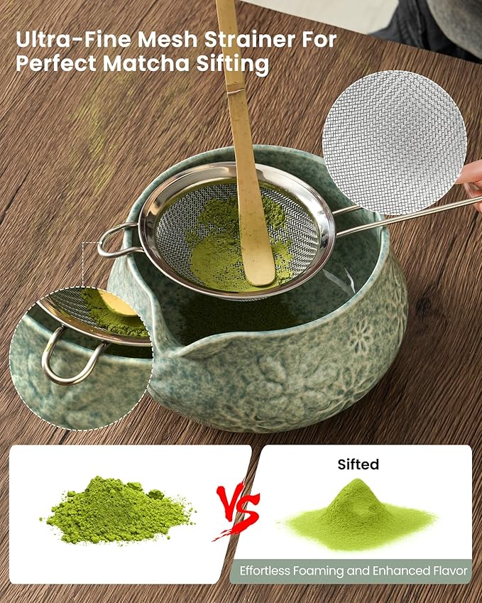 Matcha Whisk Set-7-Piece Ceramic Matcha Kit for Matcha Lovers,Includes 18 oz Matcha Bowl,Bamboo Matcha Whisk & Holder,Bamboo Scoop,Scoop Rest,Sifter,and Tea Towel(Blue)
