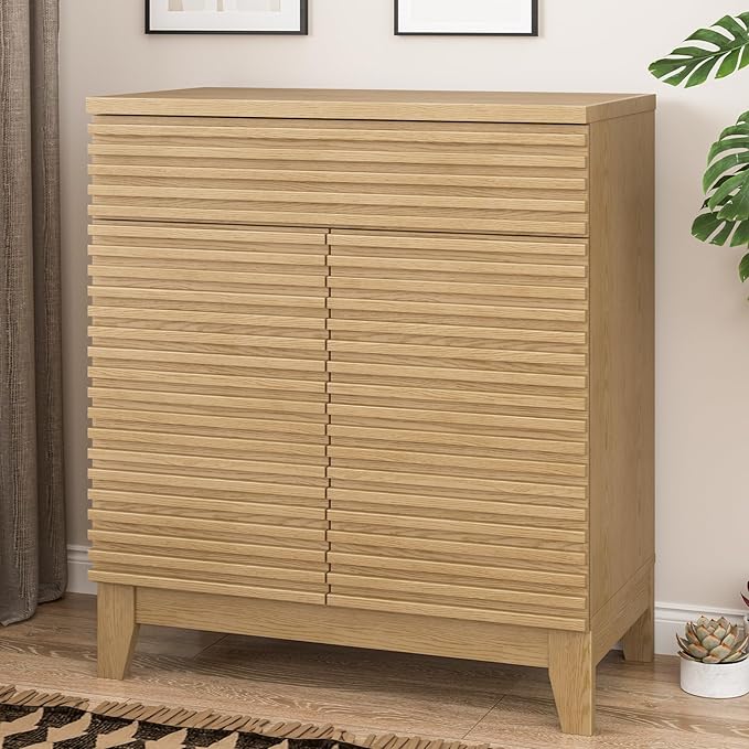 Fluted Buffet Cabinet with Storage, Coffee Bar Cabinet with a Drawer, Sideboard Buffet Kitchen Storage Cabinets with Adjustable Shelves for Living Room, Kitchen, Natural Oak