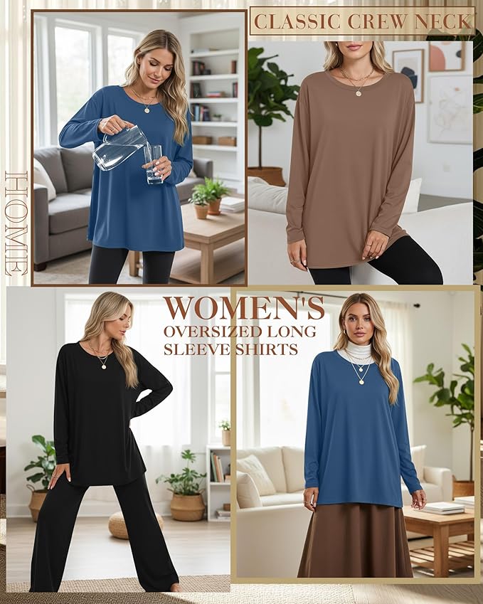 Ficerd 3 Pack Women's Oversized Long Sleeve Shirts Cotton Gym Round Neck Tops Loose Fit Casual Workout Baggy Fall Basic Tee