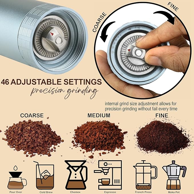 Manual Coffee Grinder for Home Use, Stainless Steel Conical Burr, Espresso Bean Coffee-Grinder, Best Small Portable Mill, Adjustable Grind Settings, Mini Hand Crank, Moledor de Cafe de Grano