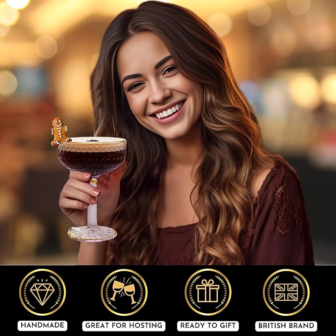 VEMACITY - Embossed Coupe Glasses Set of 4 (10oz) | Vintage Espresso Martini Glasses with Gold Rims | For Champagne, Margarita, Cosmopolitan, Martini | Ideal for Christmas & New Years
