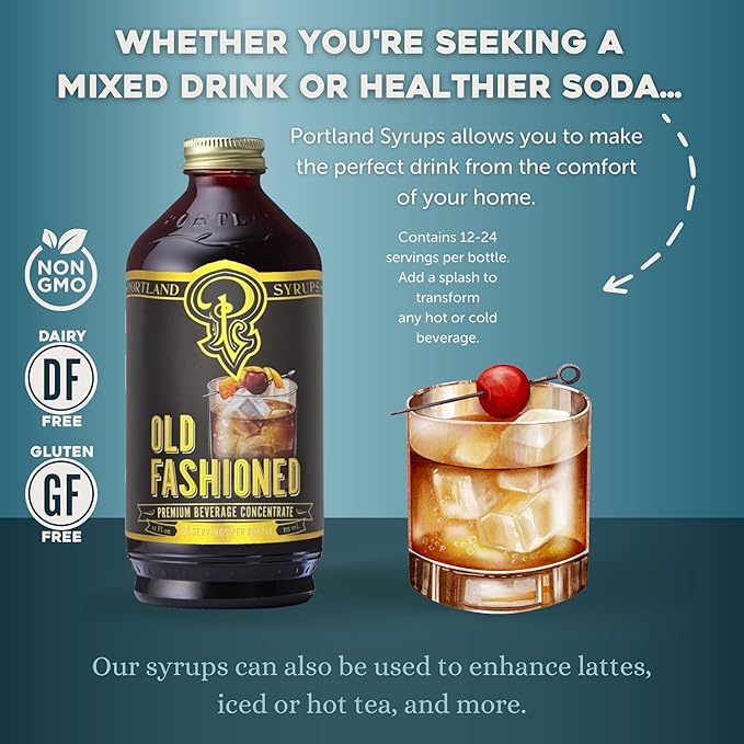 Portland Syrups Old Fashioned Flavor Beverage Concentrate – Craft Bold, Flavorful Cocktails, Mocktails Soda & More with a Classic Twist – Made w/Simple Ingredients, Less Sugar, 12 oz, 24 Servings