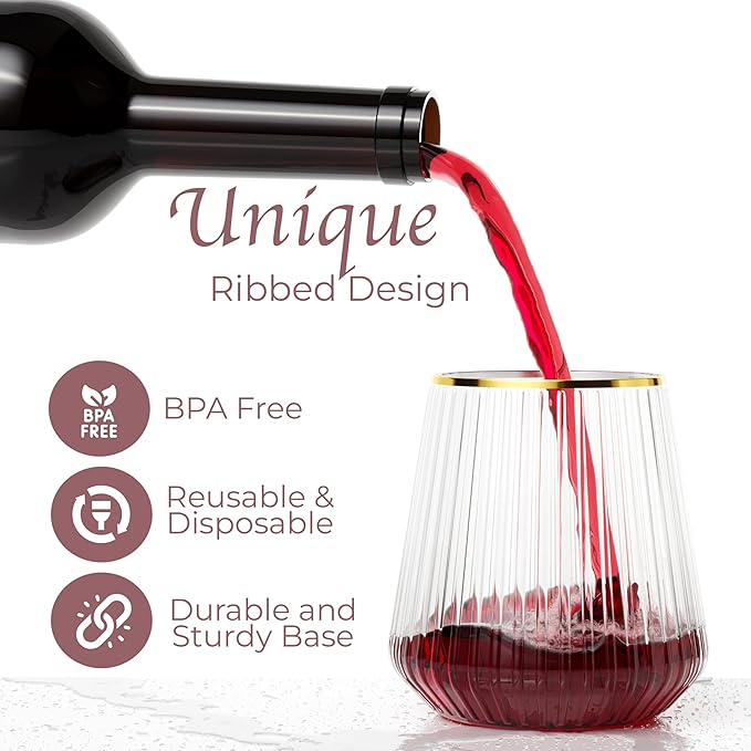 Exquisite 24 Pcs Unbreakable Stemless Plastic Wine Glasses Disposable Wine Glasses Stemless 12 Oz Gold Rimmed Plastic Cups Reusable Clear Party Cups Disposable Cocktail Glass For Weddings & Events