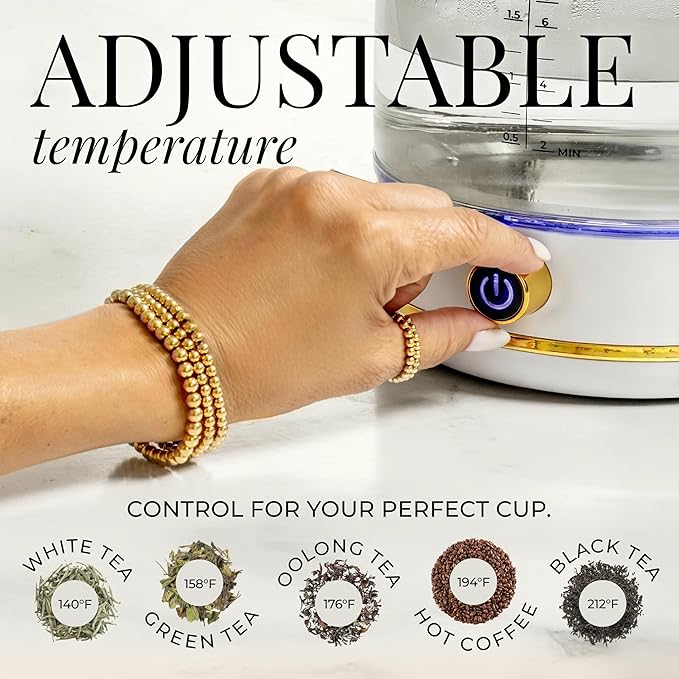 White Electric Tea Kettle with Temperature Control - 1500W Fast Hot Water Boiler and Warmer - White and Gold Electric Kettle with Keep Warm Function, BPA-Free Glass Body, Stylish Design, Auto Shut-Off