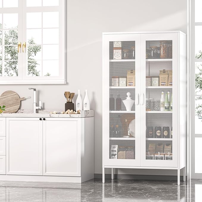 Metal Storage Cabinet,72H Display Cabinets with 2 Mesh Door,Pantry Organizers and Storage,Display Shelves for Collectibles,Storage Cabinet for Home, Office, Bookcase(White)