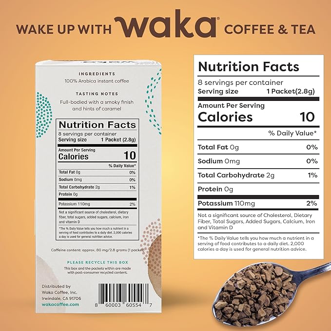Waka Premium Instant Coffee Sachets — 100% Arabica Freeze Dried Beans — For Hot or Iced Coffee (8 Count, Dark Roast)