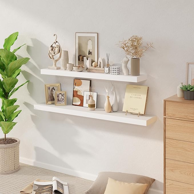 Fun Memories Floating Shelves, 9.3 Inch Deep Solid Pine Wood Wall Shelves for Storage, Rustic Wall Mounted Display Shelf with Invisible Heavy-Duty Metal Bracket, 55 Inch Width, White