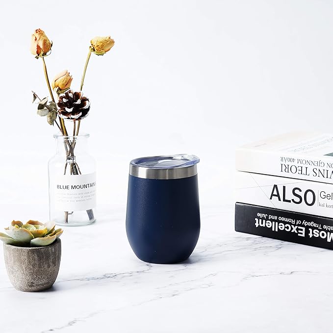 6 Pack Stainless Steel Wine Tumblers, 12Oz Insulated Wine Tumbler, Double Wall Insulated Wine Glass, Stainless Steel Stemless Wine Cups with Lids for Coffee, Wine, Cocktails, Champaign, Navy Blue