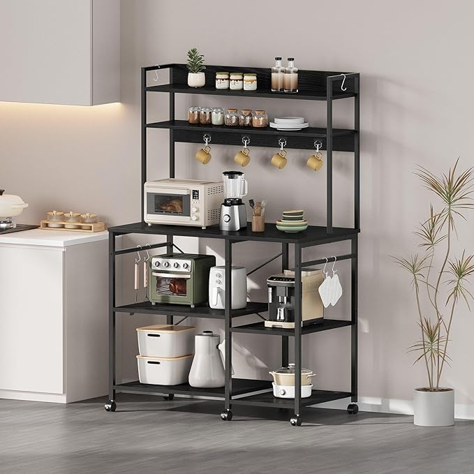 Kitchen Bakers Rack with Storage，Microwave Stand with Wheels，with Adjustable Shelves，Kitchen Shelves，Coffee Bar with 10 S-Shaped Hooks，35.4 * 15.8 * 61 Inches，Black