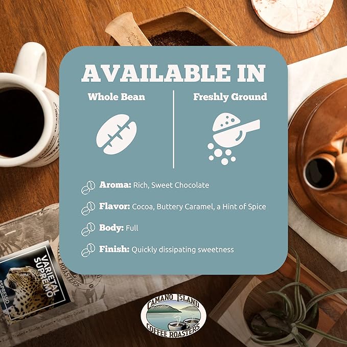 Camano Island Coffee Roasters Varietal Supremo Espresso Blend, Ground 1lb, Fresh Dark Roast, USDA Organic, Fairly Traded, Shade Grown Arabica, Chocolate, Caramel, Hint of Spice Flavor Profile
