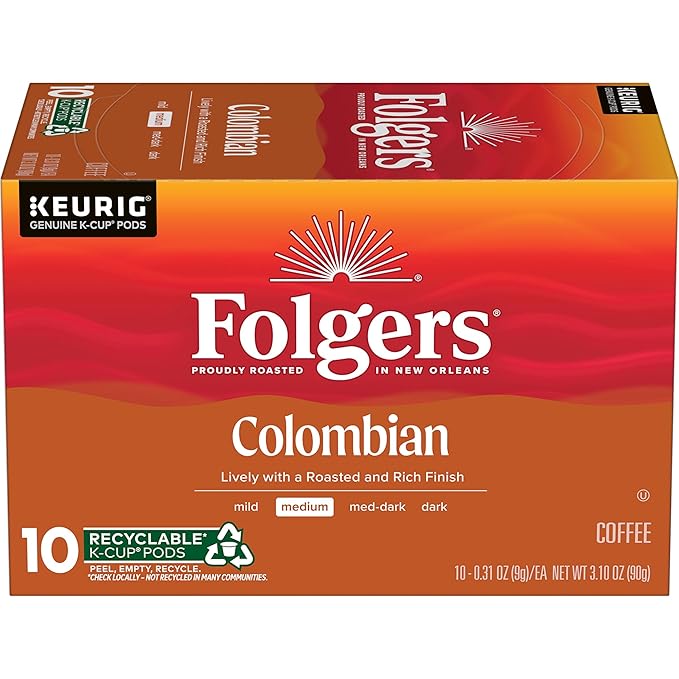 Folgers Colombian Coffee, Medium Roast, Keurig K-Cup Pods, 10 Count Box