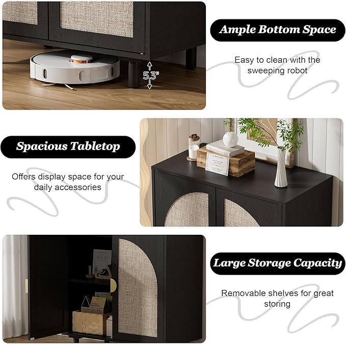 Small Buffet Cabinet, Modern Sideboard with Rattan Decorated Doors, Magnetic Latch, Adjustable Shelf, 29.8x15.7x31.5 inches, Black
