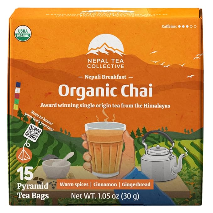 NEPAL TEA Organic Chai Tea Bags from the Himalayas, Chai Spice Blend - 15 Pyramid Tea Bags, Single Origin Chai Spice Tea from a Family Farm - Black Tea Bags, Loose Leaf Tea Inside (Nepali Breakfast)