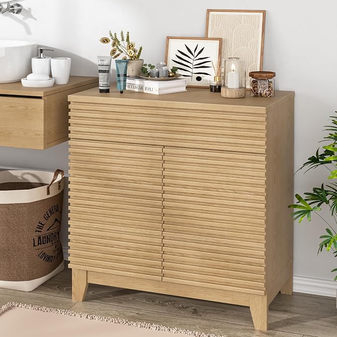 Fluted Coffee Bar Cabinet, Natural Storage Cabinet with 2 Doors and Drawer, Buffet Sideboard with Adjustable Shelves, Floor Storage Cabinets for Kitchen, Living Room, Dining Room