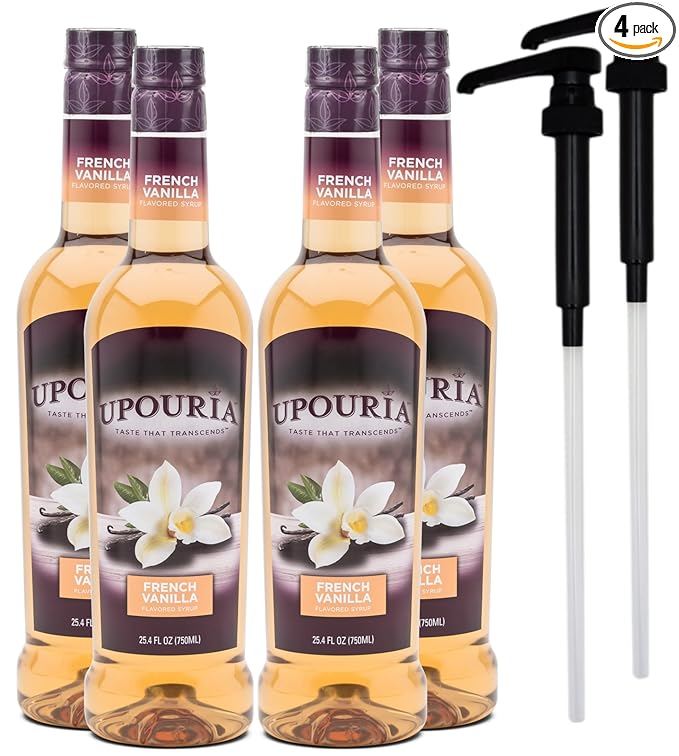 Upouria French Vanilla Coffee Syrup Flavoring, 100% Vegan, Gluten-Free, Kosher, 750 mL Bottle (Pack of 4) with 2 Syrup Pumps