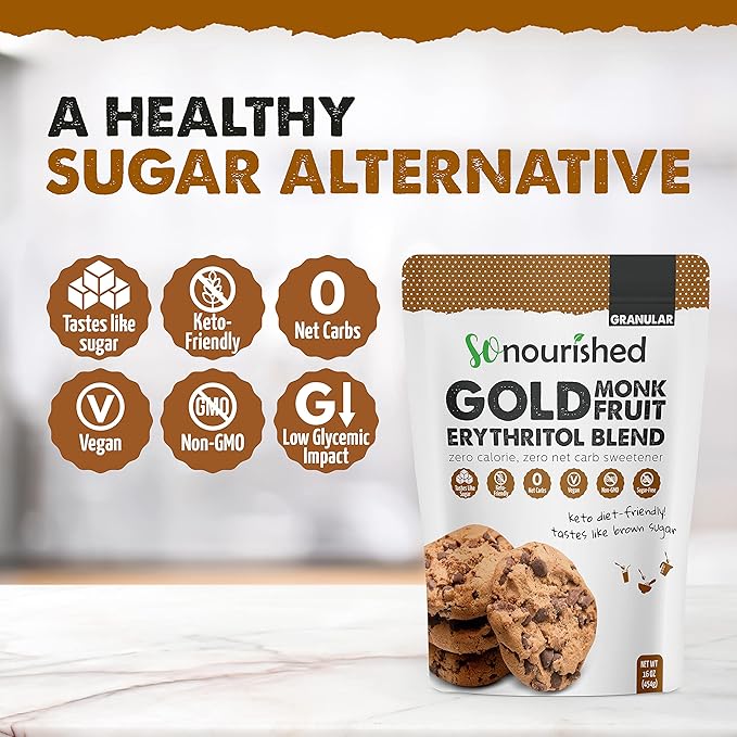 So Nourished GOLD Brown Sugar Alternative Substitute 1:1 Sugar Replacement - Monk Fruit Erythritol Sweetener for Low Carb Dieters and Diabetics - No Calorie Sweetener, Non-GMO (5 Pounds)